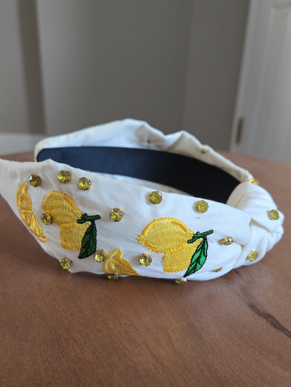 White Lemon Embroidered Knot Headband with Yellow Accents